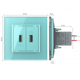 Розетка с двумя USB type-A, блоком питания 5В 2.1А Livolo, 1 пост, цвет зеленый