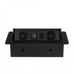 Розетка горизонтальная выдвижная 2 Euro 16A, 2 USB A с блоком 5В/2.1А, RJ45 RocketSocket, проводка, цвет черный