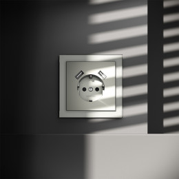 Розетка встраиваемая VOLTUM S70 с заземлением и защитными шторками, с USB, A+A, (сталь) VLS040405