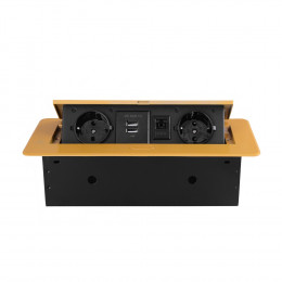 Розетка горизонтальная выдвижная 2 Euro 16A, 2 USB A с блоком 5В/2.1А, RJ45 RocketSocket, проводка, цвет золотой