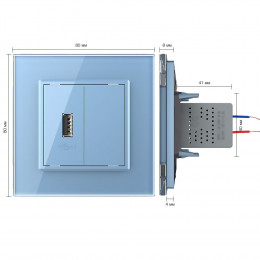 Розетка с одним USB type-A, блоком питания 5В 2.1А Livolo, 1 пост, цвет синий