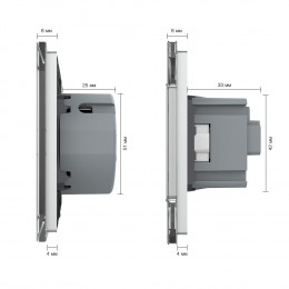Двухклавишный сенсорный выключатель с двумя розетками Livolo, 3 поста, цвет серый