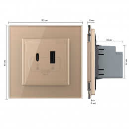 Розетка USB type C+A с блоком питания 36W Livolo 1 пост Золотая VL-C7VUA18W.UC18W-2AP