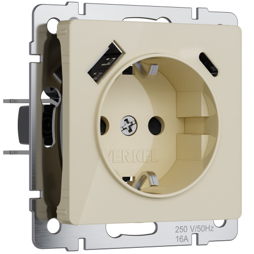Купить Розетка с заземлением, шторками и USB A+C (айвори акрил) Werkel W1171743 в rum24.ru