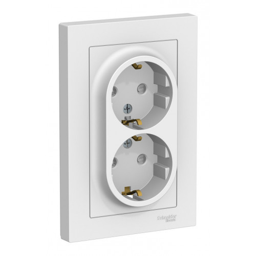 Купить Розетка Schneider Electric Atlasdesign Белый двойная с заземлением со шторками, 16А, в сборе ATN000126 в rum24.ru