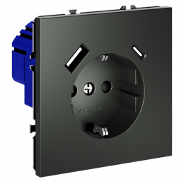 Розетка встраиваемая VOLTUM S70 с заземлением и защитными шторками, с USB, A+С, (титан) VLS040506