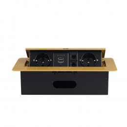 Розетка горизонтальная выдвижная 2 Euro 16A, 2 USB A с блоком 5В/2.1А, 2 RJ45 RocketSocket, проводка, цвет золотой