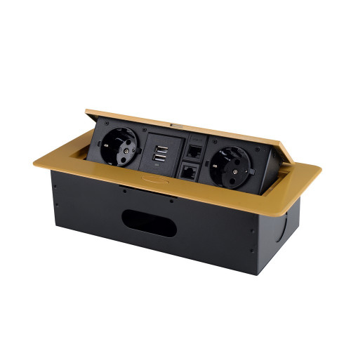 Купить Розетка горизонтальная выдвижная 2 Euro 16A, 2 USB A с блоком 5В/2.1А, 2 RJ45 RocketSocket, проводка, цвет золотой в rum24.ru