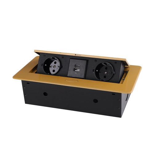 Купить Розетка горизонтальная выдвижная 2 Euro 16A, USB type A+C с блоком 18W RocketSocket, проводка, цвет золотой в rum24.ru