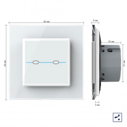 Двухклавишный проходной/перекрестный сенсорный выключатель Livolo Quadro, 1 пост, цвет белый