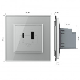 Розетка USB type C+A с блоком питания 36W Livolo 1 пост Серая VL-C7VUA18W.UC18W-2IP