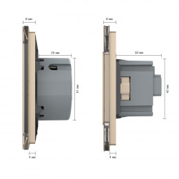 Одноклавишный сенсорный выключатель с двумя розетками Livolo, 3 поста, цвет золотой