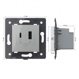 Розетка USB type C+A с блоком питания 36W Livolo, цвет серый (механизм) VL-FCUA18W.UC18W-2IP