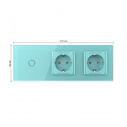 Одноклавишный сенсорный выключатель с двумя розетками Livolo, 3 поста, цвет зеленый