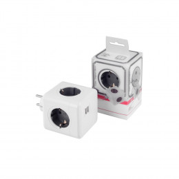 Разветвитель Cube Original 4 Euro 16A, 2 USB A с блоком 5В/2.1А RocketSocket, цвет белый-серый