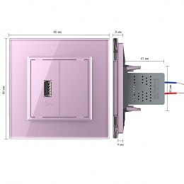 Розетка с одним USB type-A, блоком питания 5В 2.1А Livolo, 1 пост, цвет розовый