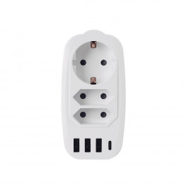 Разветвитель Socket Adapter 3 Euro 16A, 4 USB 3A+C с блоком 5В/3.1А RocketSocket, цвет белый-серый