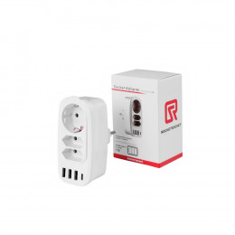Разветвитель Socket Adapter 3 Euro 16A, 4 USB 3A+C с блоком 5В/3.1А RocketSocket, цвет белый-серый