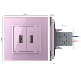 Розетка с двумя USB type-A, блоком питания 5В 2.1А Livolo, 1 пост, цвет розовый