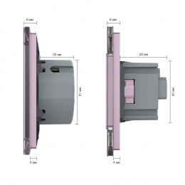 Двухклавишный сенсорный выключатель с двумя розетками Livolo, 3 поста, цвет розовый