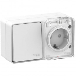 Блок розетка с крышкой + 1-кл выключатель влагозащищенный Systeme Electric AtlasDesign Profi54 IP54 белый ATN540170