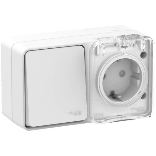 Купить Блок розетка с крышкой + 1-кл выключатель влагозащищенный Systeme Electric AtlasDesign Profi54 IP54 белый ATN540170 в rum24.ru