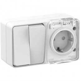 Блок розетка с крышкой + 2-кл выключатель влагозащищенный Systeme Electric AtlasDesign Profi54 IP54 белый ATN540174