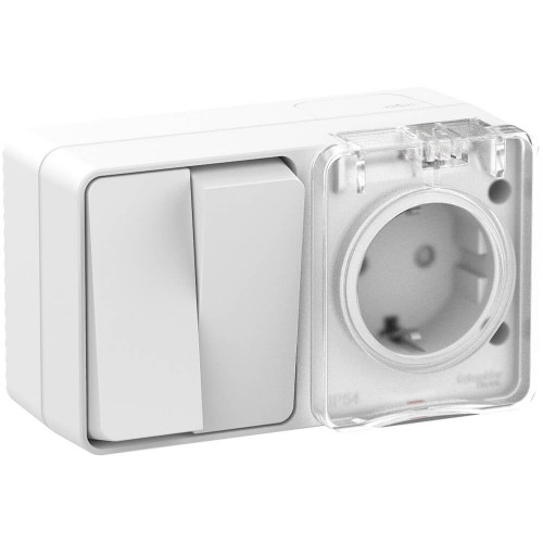 Купить Блок розетка с крышкой + 2-кл выключатель влагозащищенный Systeme Electric AtlasDesign Profi54 IP54 белый ATN540174 в rum24.ru