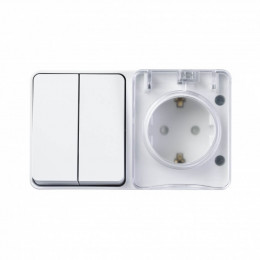 Блок розетка с крышкой + 2-кл выключатель влагозащищенный Systeme Electric AtlasDesign Profi54 IP54 белый ATN540174