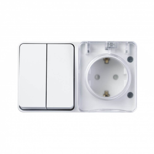 Купить Блок розетка с крышкой + 2-кл выключатель влагозащищенный Systeme Electric AtlasDesign Profi54 IP54 белый ATN540174 в rum24.ru фото: 1